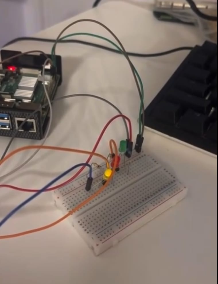 Raspberry Pi wired to a breadboard with three LEDs
